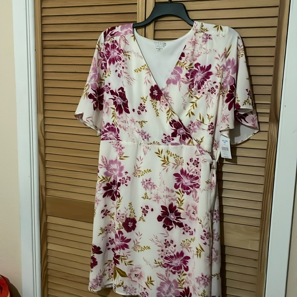 Plus size Pink and white floral faux wrap dress